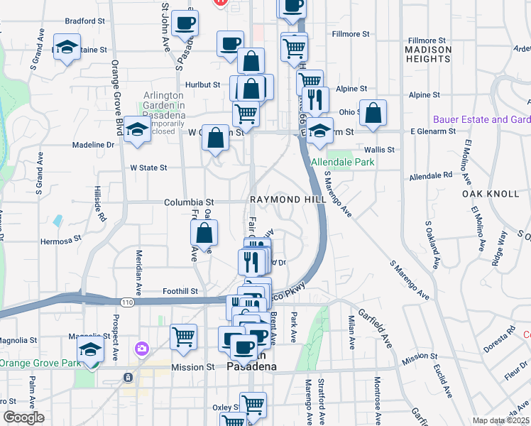 map of restaurants, bars, coffee shops, grocery stores, and more near 1625 Raymond Hill Road in South Pasadena
