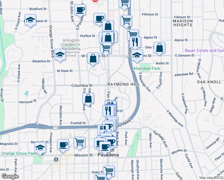 map of restaurants, bars, coffee shops, grocery stores, and more near 209 Fair Oaks Avenue in South Pasadena