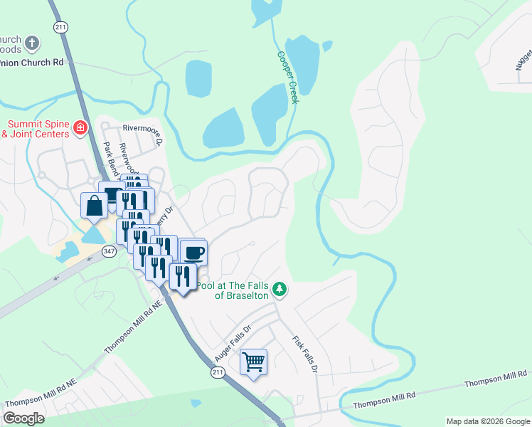 map of restaurants, bars, coffee shops, grocery stores, and more near 6672 Grand Hickory Drive in Braselton