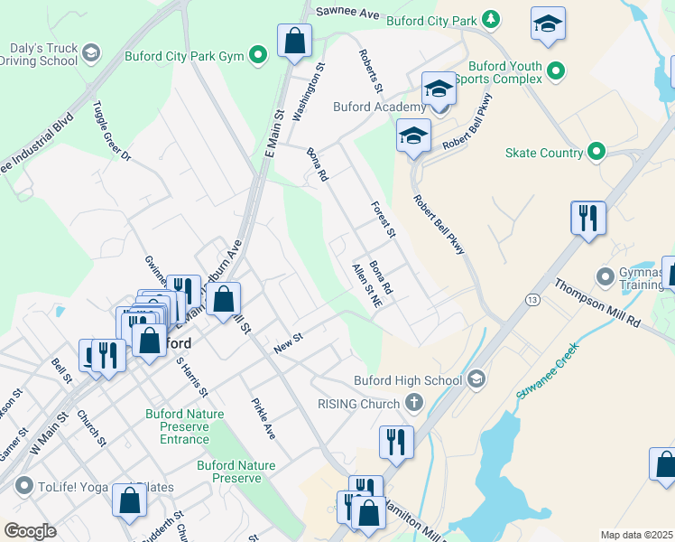 map of restaurants, bars, coffee shops, grocery stores, and more near 2300 Kate Moore Way in Buford