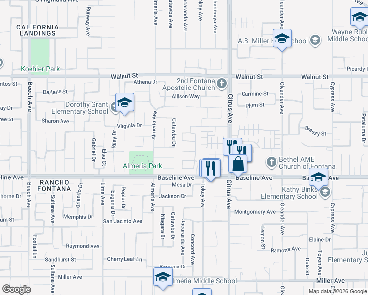 map of restaurants, bars, coffee shops, grocery stores, and more near 15910 Serenade Lane in Fontana