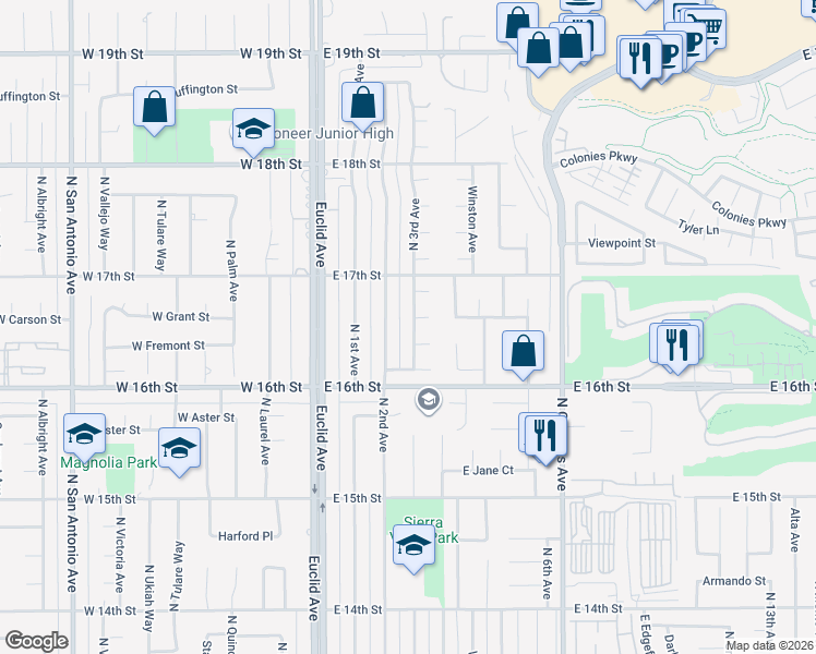 map of restaurants, bars, coffee shops, grocery stores, and more near 1653 North 3rd Avenue in Upland