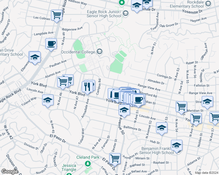 map of restaurants, bars, coffee shops, grocery stores, and more near 4864 Stratford Road in Los Angeles
