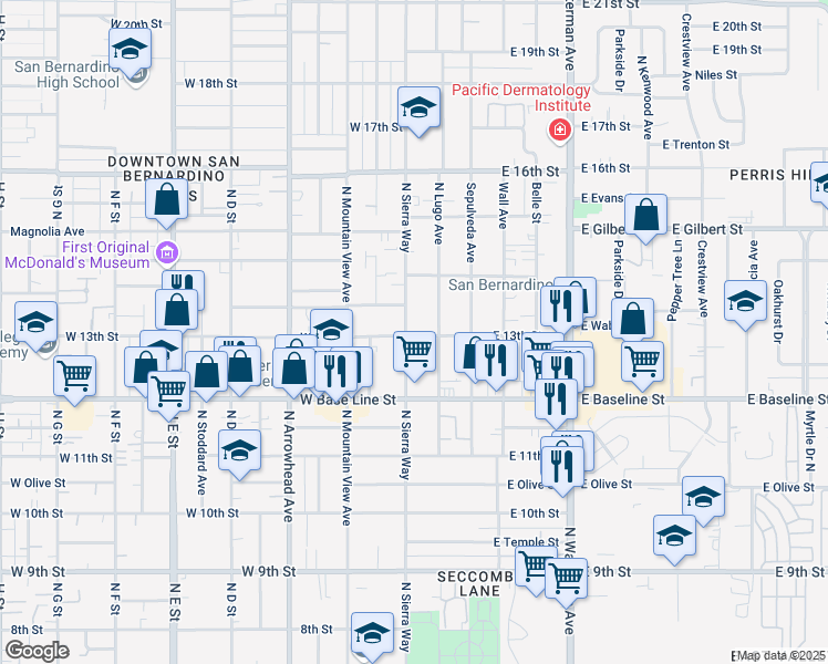 map of restaurants, bars, coffee shops, grocery stores, and more near 1305 North Sierra Way in San Bernardino