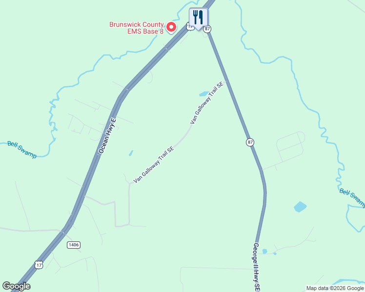 map of restaurants, bars, coffee shops, grocery stores, and more near 231 Van Galloway Trail Southeast in Winnabow