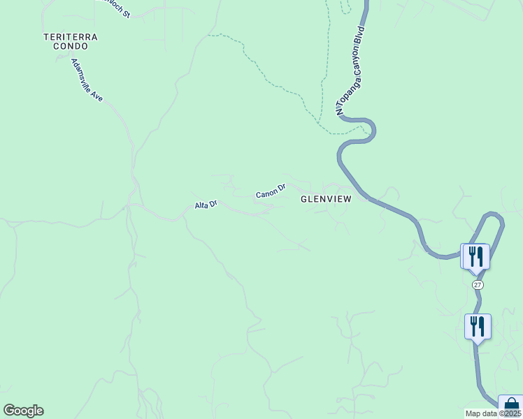 map of restaurants, bars, coffee shops, grocery stores, and more near 22013 Alta Drive in Topanga