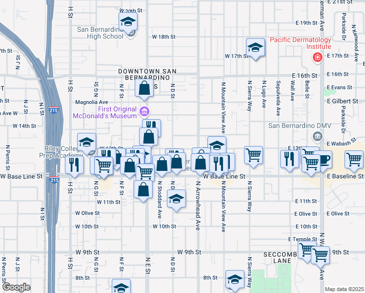 map of restaurants, bars, coffee shops, grocery stores, and more near 356 West 13th Street in San Bernardino