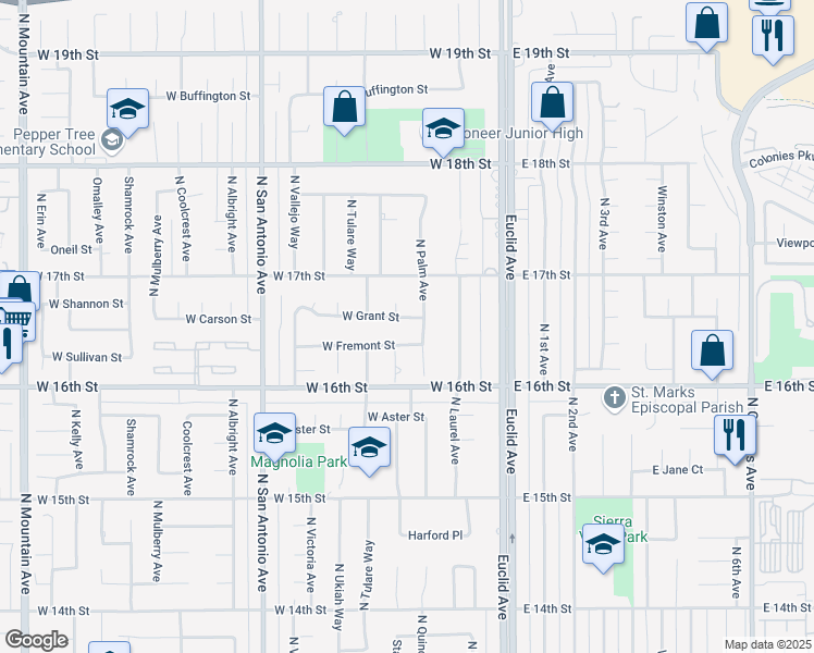 map of restaurants, bars, coffee shops, grocery stores, and more near 268 West Grant Street in Upland