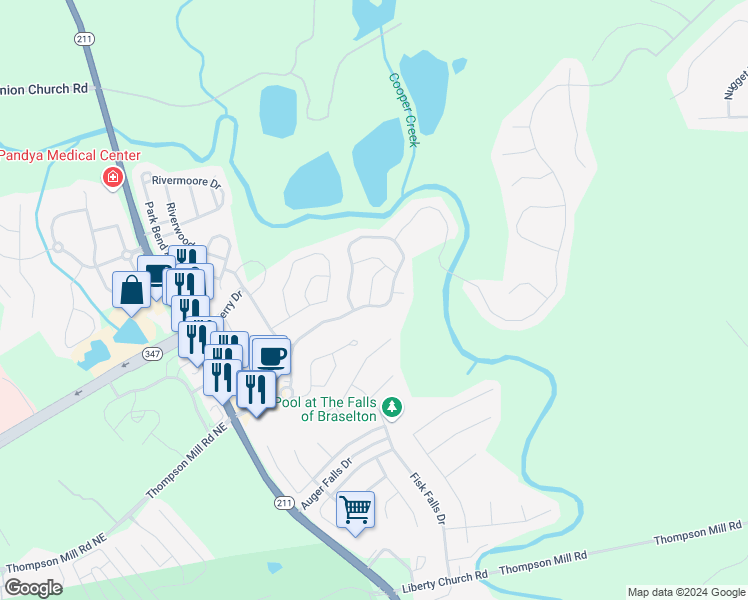 map of restaurants, bars, coffee shops, grocery stores, and more near 6672 Grand Hickory Drive in Braselton