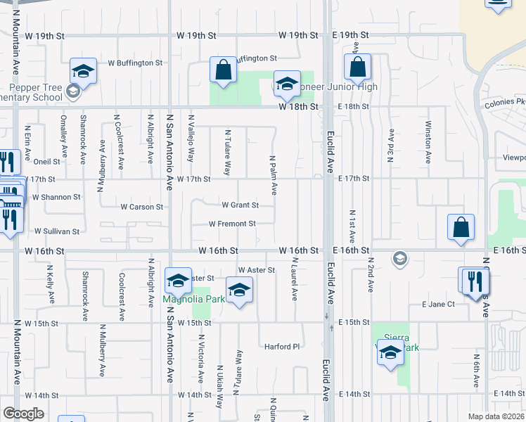 map of restaurants, bars, coffee shops, grocery stores, and more near 268 West Grant Street in Upland