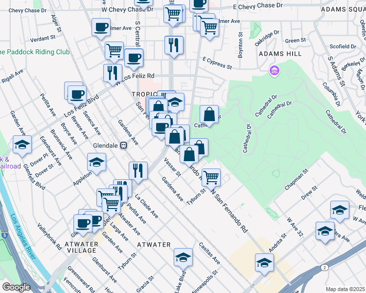 map of restaurants, bars, coffee shops, grocery stores, and more near 1815 South Glendale Avenue in Glendale