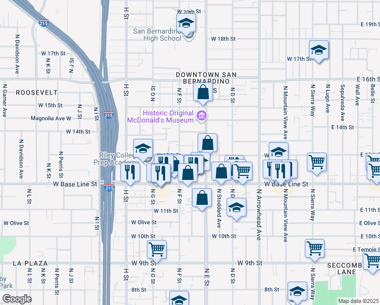 map of restaurants, bars, coffee shops, grocery stores, and more near 1304 Acacia Avenue North in San Bernardino