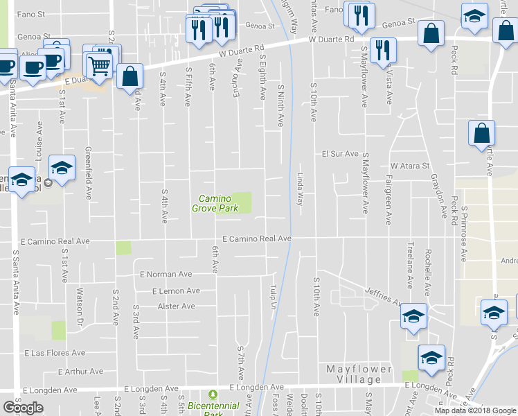 map of restaurants, bars, coffee shops, grocery stores, and more near 1429 South Eighth Avenue in Arcadia