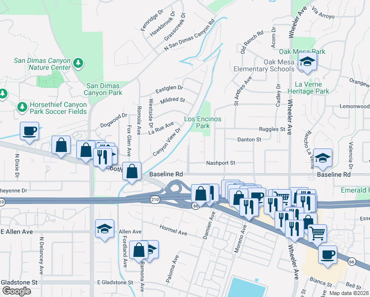 map of restaurants, bars, coffee shops, grocery stores, and more near 4749 Bunnelle Avenue in La Verne