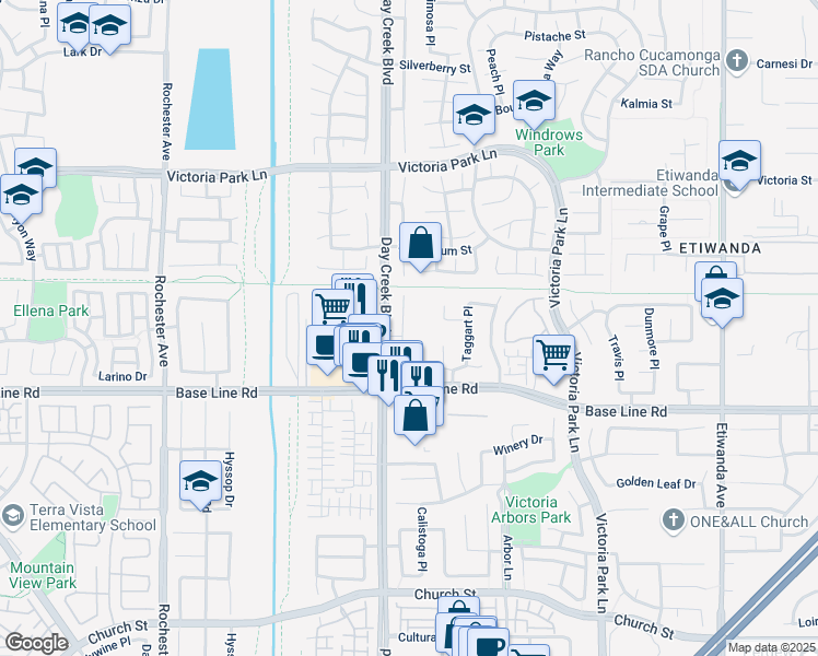 map of restaurants, bars, coffee shops, grocery stores, and more near 7185 Aloe Court in Rancho Cucamonga