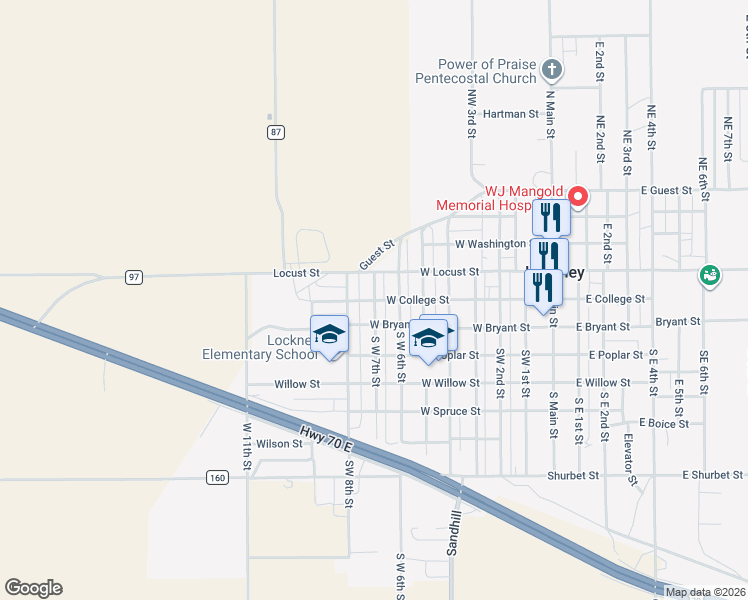 map of restaurants, bars, coffee shops, grocery stores, and more near 801 West College Street in Lockney