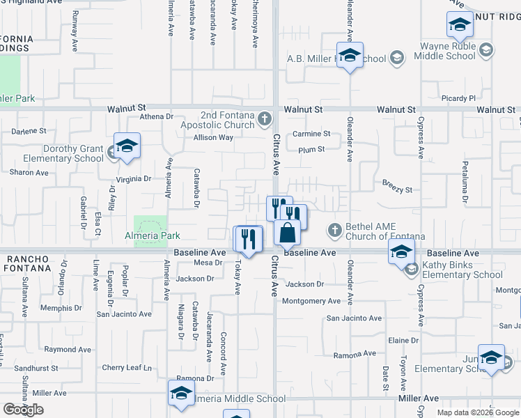 map of restaurants, bars, coffee shops, grocery stores, and more near 16001 Chase Road in Fontana