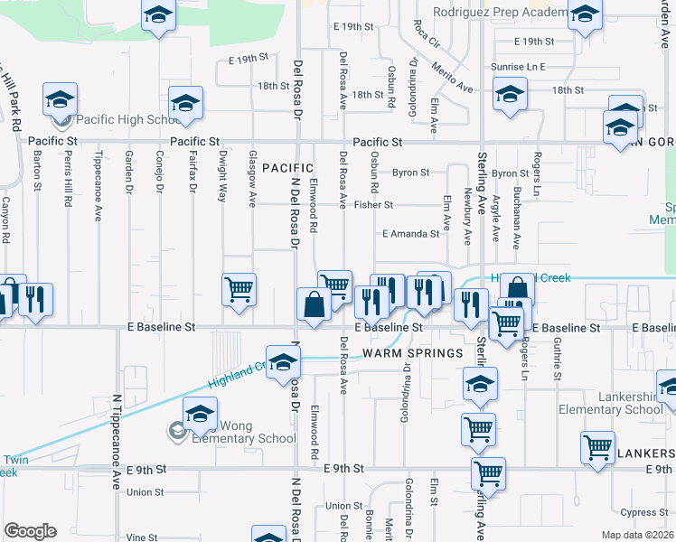 map of restaurants, bars, coffee shops, grocery stores, and more near 7178 Del Rosa Avenue in San Bernardino
