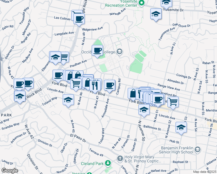 map of restaurants, bars, coffee shops, grocery stores, and more near 1433 Armadale Avenue in Los Angeles
