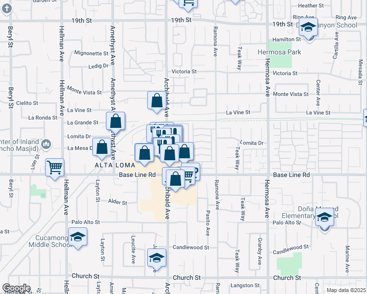 map of restaurants, bars, coffee shops, grocery stores, and more near 7149 Archibald Avenue in Rancho Cucamonga