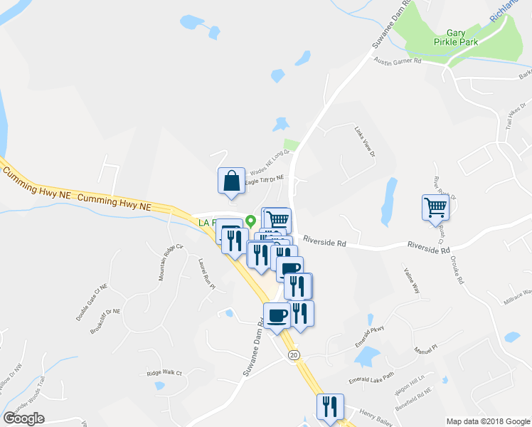map of restaurants, bars, coffee shops, grocery stores, and more near 452 Sandtrap Lane in Sugar Hill