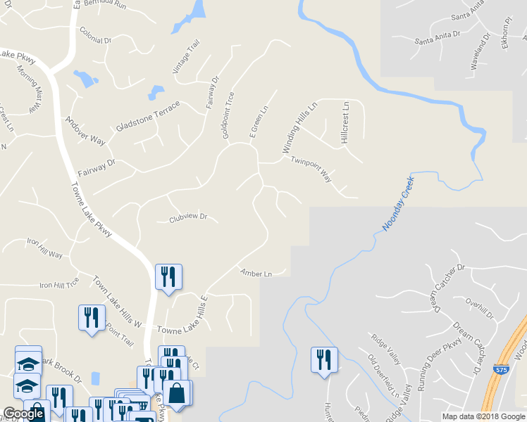 map of restaurants, bars, coffee shops, grocery stores, and more near 1050 Towne Lake Hills East in Woodstock
