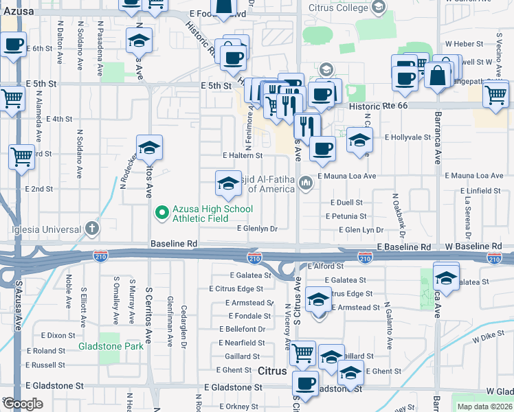 map of restaurants, bars, coffee shops, grocery stores, and more near 151 North Calvados Avenue in Azusa