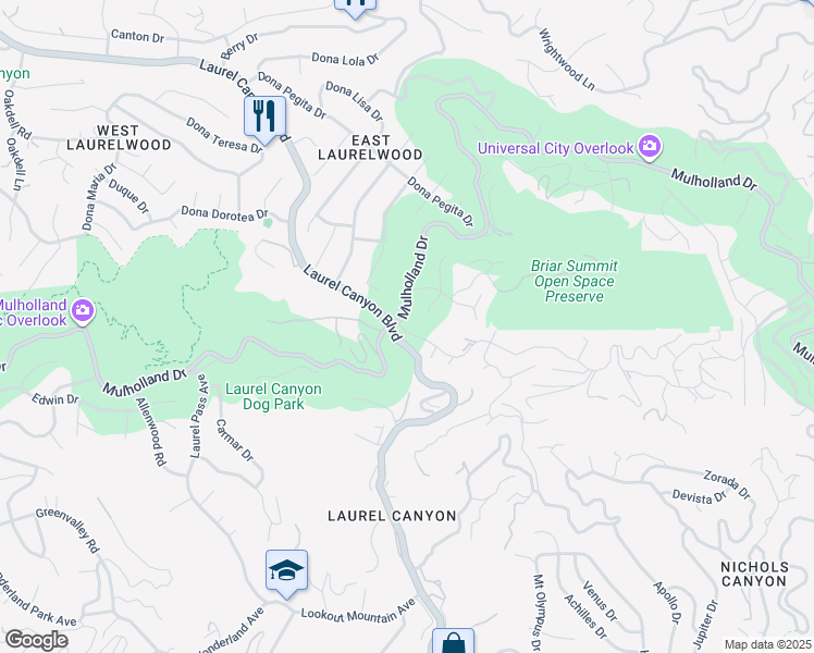 map of restaurants, bars, coffee shops, grocery stores, and more near 8090 Mulholland Drive in Los Angeles