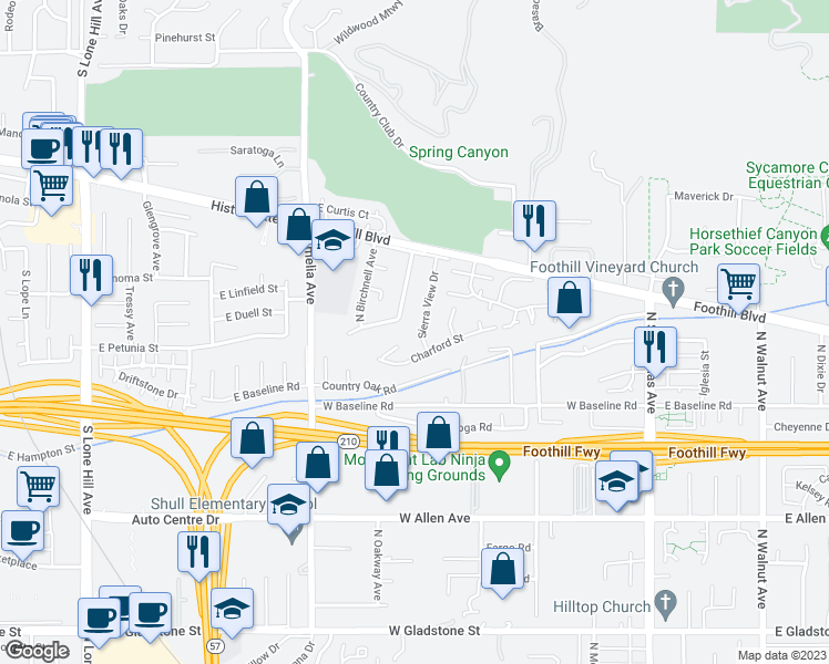 map of restaurants, bars, coffee shops, grocery stores, and more near 1215 Sierra View Drive in Glendora