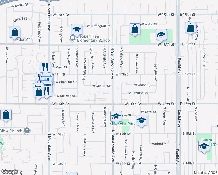 map of restaurants, bars, coffee shops, grocery stores, and more near 822 West Carson Street in Upland
