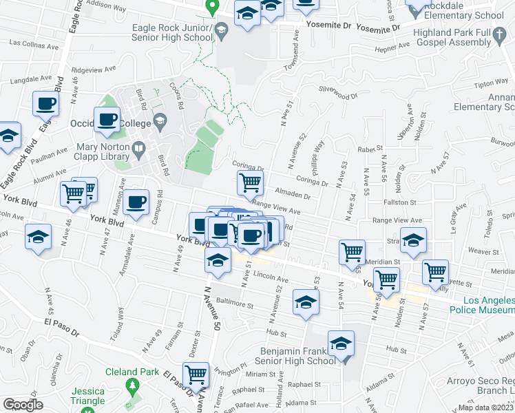 map of restaurants, bars, coffee shops, grocery stores, and more near 5050 Range View Avenue in Los Angeles