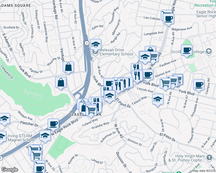 map of restaurants, bars, coffee shops, grocery stores, and more near 4216 York Boulevard in Los Angeles