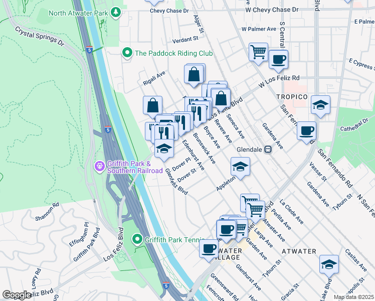 map of restaurants, bars, coffee shops, grocery stores, and more near 3948 Edenhurst Avenue in Los Angeles