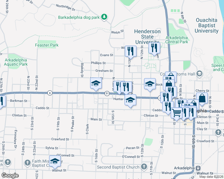 map of restaurants, bars, coffee shops, grocery stores, and more near 1525 Pine Street in Arkadelphia