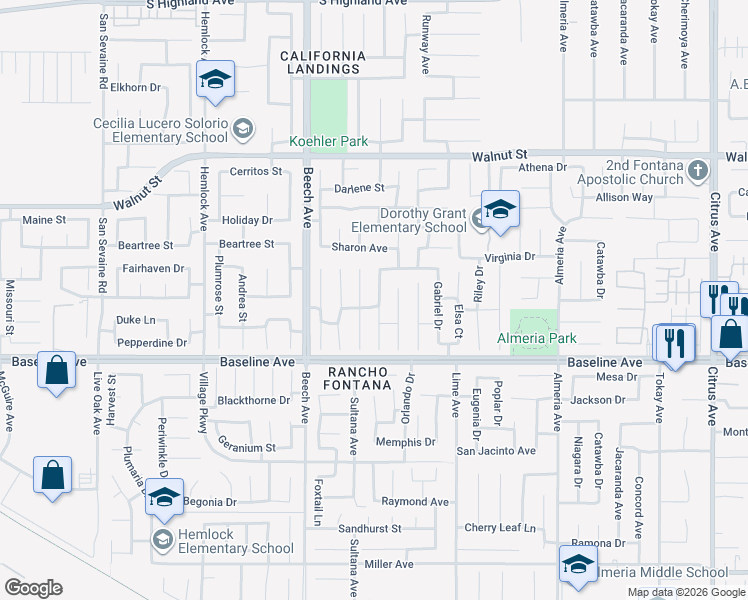 map of restaurants, bars, coffee shops, grocery stores, and more near 7182 Oak Tree Place in Fontana