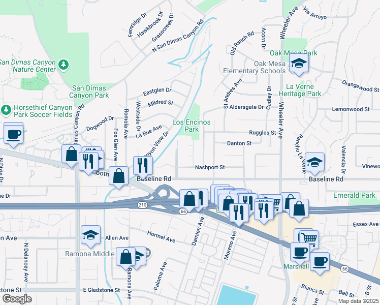map of restaurants, bars, coffee shops, grocery stores, and more near 1053 Susan Court in La Verne