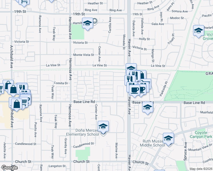 map of restaurants, bars, coffee shops, grocery stores, and more near 10350 Base Line Road in Rancho Cucamonga