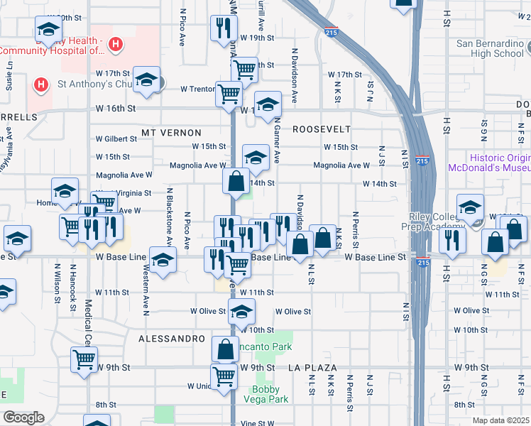 map of restaurants, bars, coffee shops, grocery stores, and more near 1312 North Garner Avenue in San Bernardino