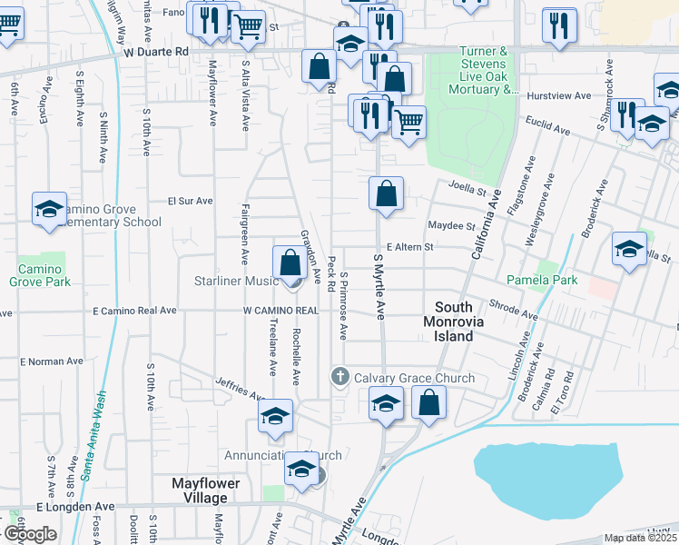map of restaurants, bars, coffee shops, grocery stores, and more near 2233 South Primrose Avenue in Monrovia