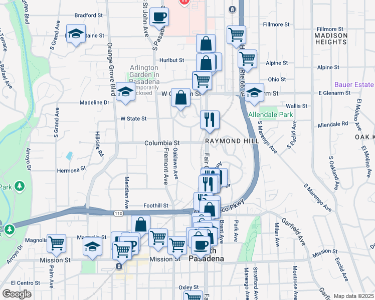 map of restaurants, bars, coffee shops, grocery stores, and more near 229 Grace Drive in South Pasadena