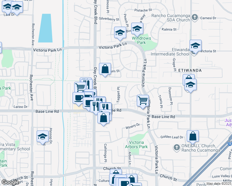 map of restaurants, bars, coffee shops, grocery stores, and more near 12427 Renwick Drive in Rancho Cucamonga