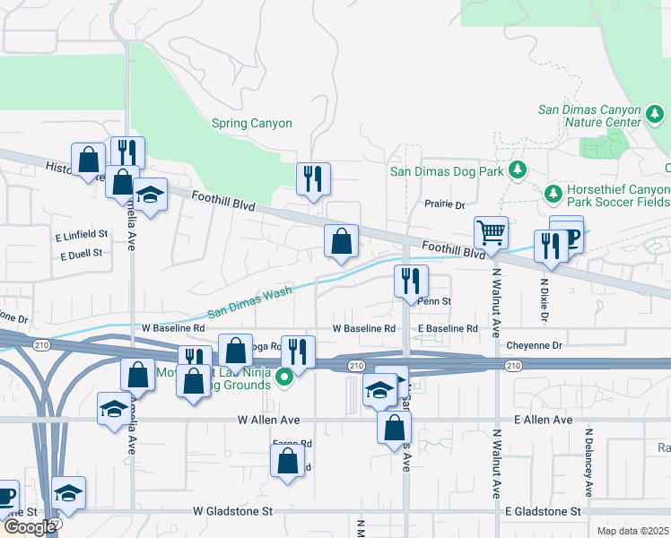 map of restaurants, bars, coffee shops, grocery stores, and more near 235 West Woodland Oaks Drive in San Dimas