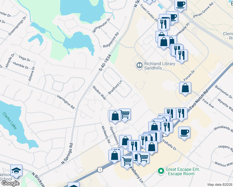 map of restaurants, bars, coffee shops, grocery stores, and more near 1008 Bradford Ridge Lane in Columbia