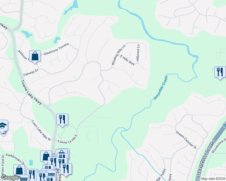 map of restaurants, bars, coffee shops, grocery stores, and more near 4015 Sunhill Court in Woodstock