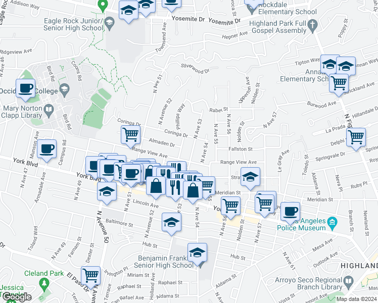 map of restaurants, bars, coffee shops, grocery stores, and more near 1721 North Avenue 53 in Los Angeles