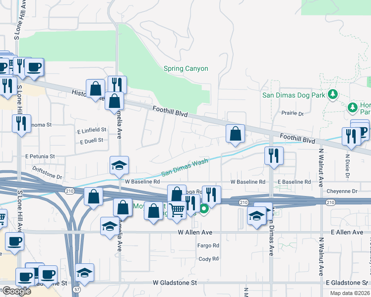 map of restaurants, bars, coffee shops, grocery stores, and more near 2605 Charford Street in Glendora