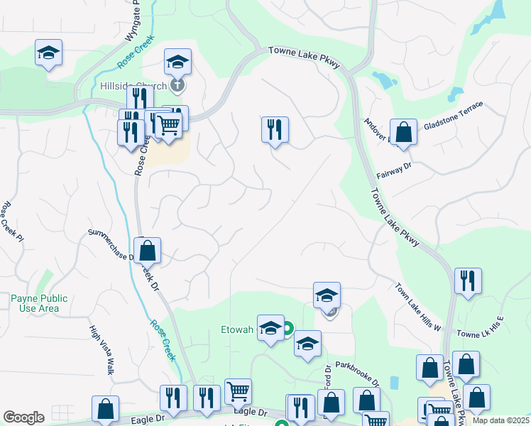 map of restaurants, bars, coffee shops, grocery stores, and more near 2511 Garden Plum Way in Woodstock