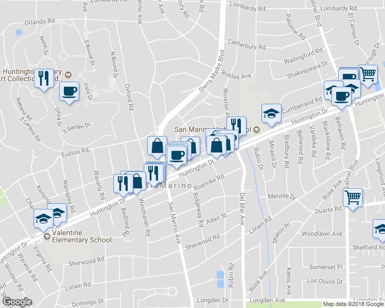 map of restaurants, bars, coffee shops, grocery stores, and more near 2364 Cumberland Road in San Marino