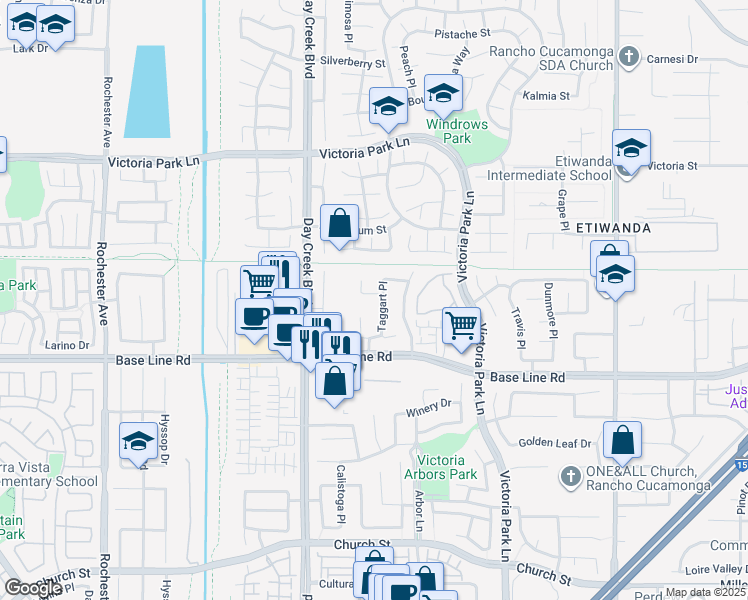 map of restaurants, bars, coffee shops, grocery stores, and more near 12427 Renwick Drive in Rancho Cucamonga