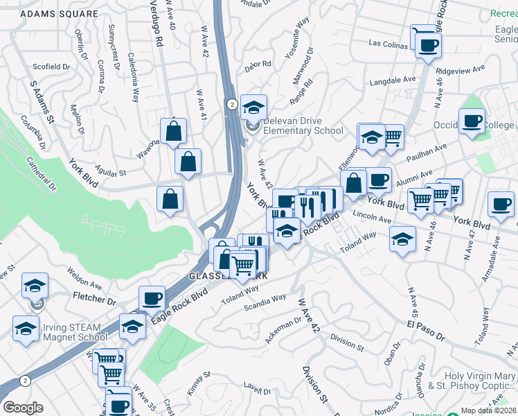 map of restaurants, bars, coffee shops, grocery stores, and more near 4190 York Boulevard in Los Angeles